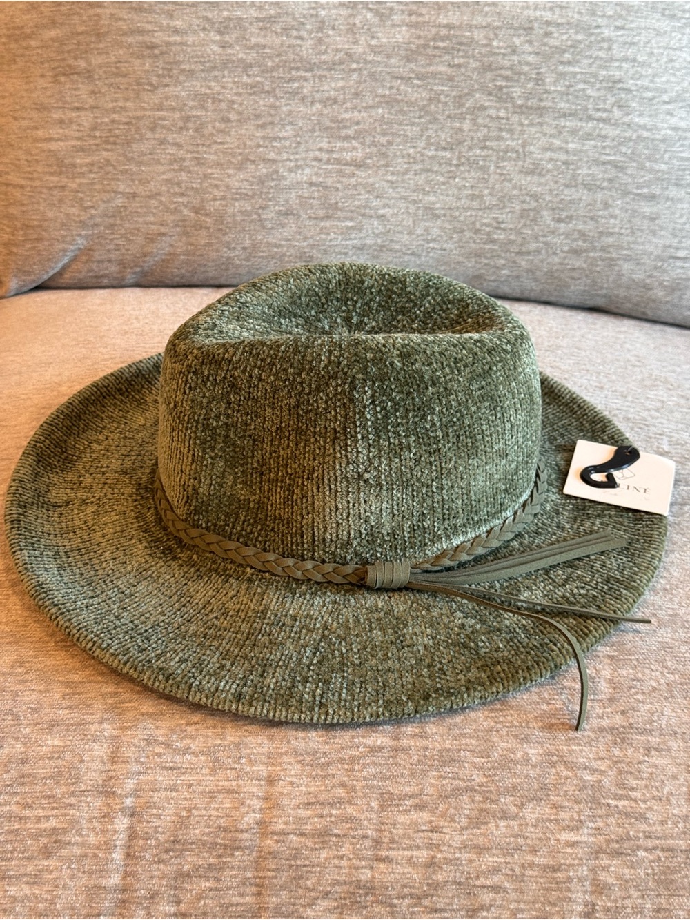 Styline Ribbed Chenille Panama Fedora Hat - Sage Olive with Braided Band NWT